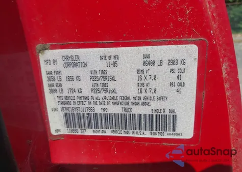 1996 Dodge Ram 1500 из США, поврежденный, VIN 1B7HC16Y9TJ117863